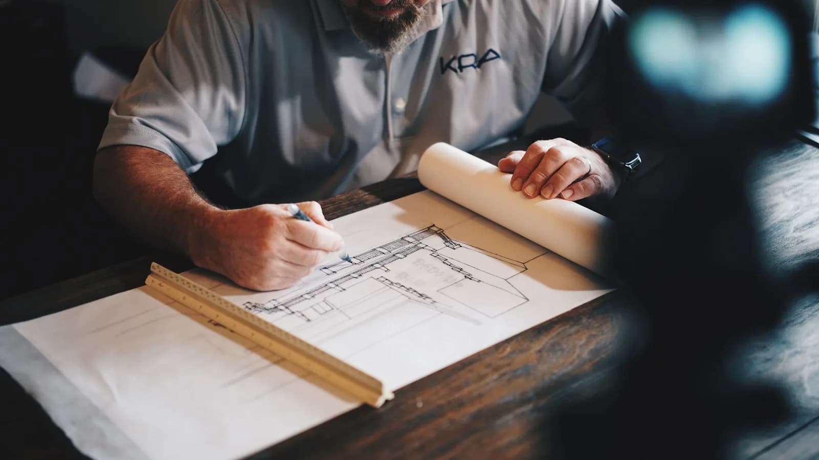 Engineer drafting a structural detail on rolled drawings